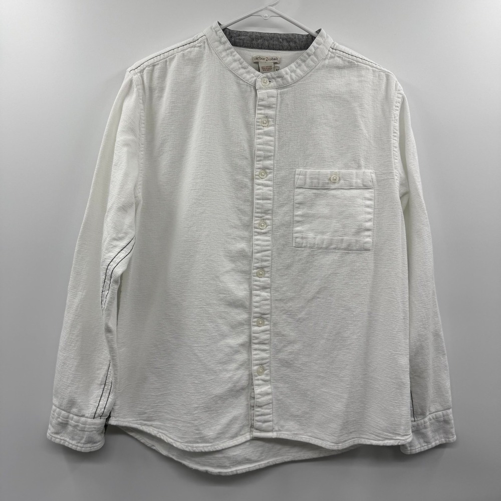 Carbon2Cobalt Mens M White Banded Collar Button Up Shirt 100% Cotton Textured